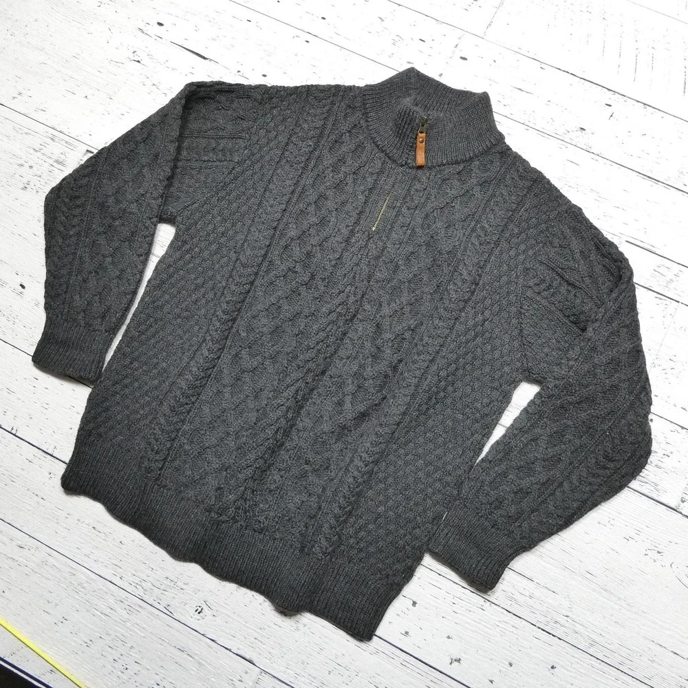 Aran Crafts Sweater Mens XL Gray Merino Wool Cable Knit 1/4 Zip Mock Neck Irish